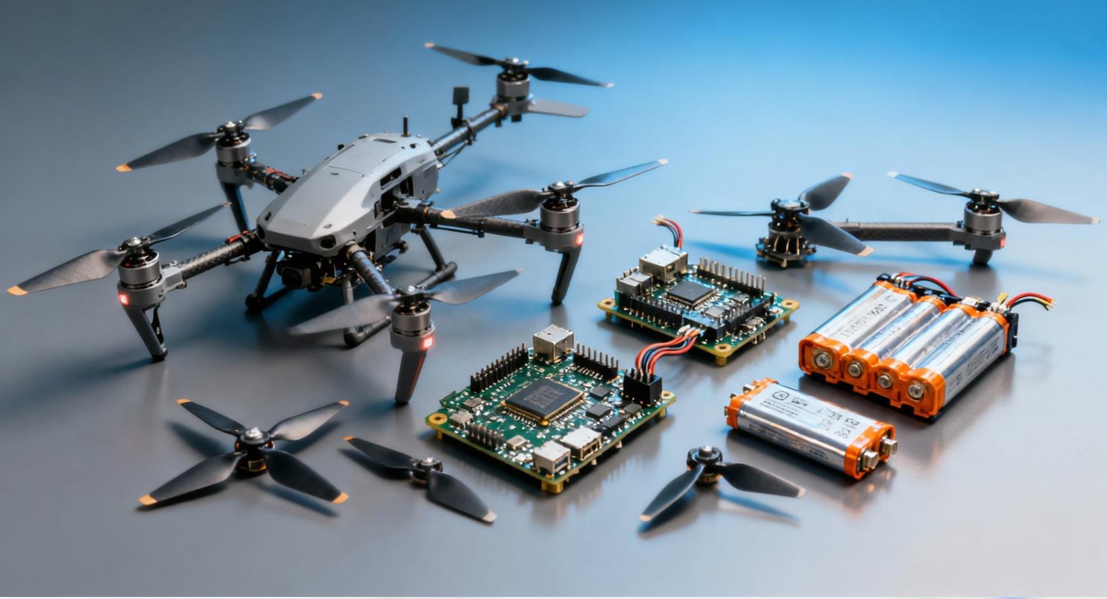 Conceptual arrangement of drone airframe, control boards, battery modules and propulsion parts