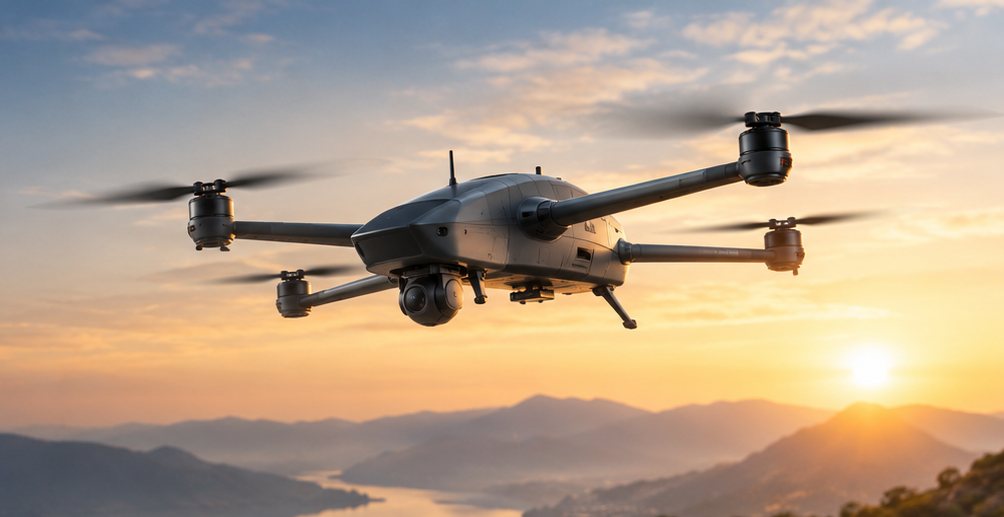 Concept visual of an unmanned aircraft in flight at sunset
